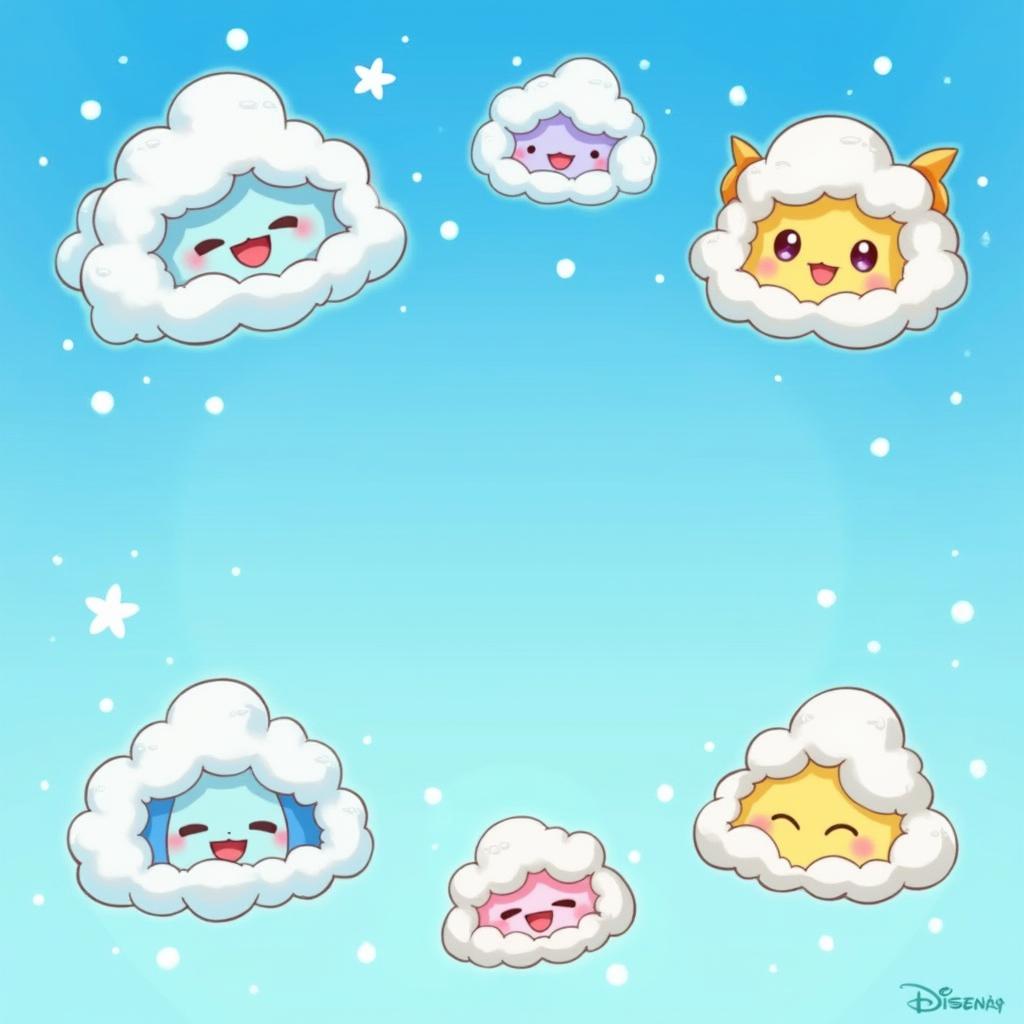 A colorful illustration of fluffy, whimsical clouds on a bright blue sky background, designed in the playful and vibrant style of Pokémon