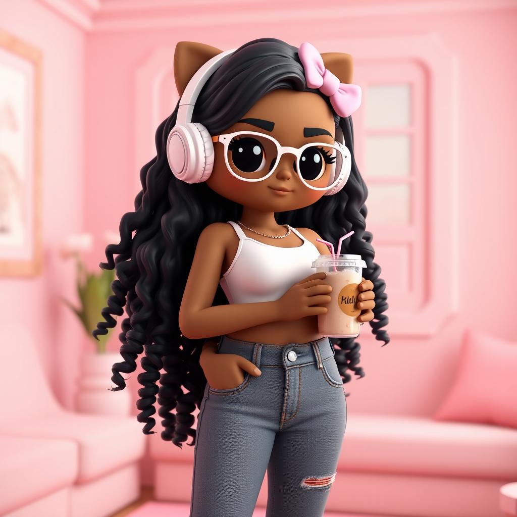 A 3D rendering of a brown Hello Kitty with long curly black hair, set in a cozy pink room