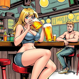 A very realistic comic book style illustration featuring a beautiful, sexy, curvy, innocent blonde girl