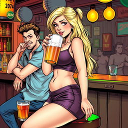 A very realistic comic book style illustration featuring a beautiful, sexy, curvy, innocent blonde girl