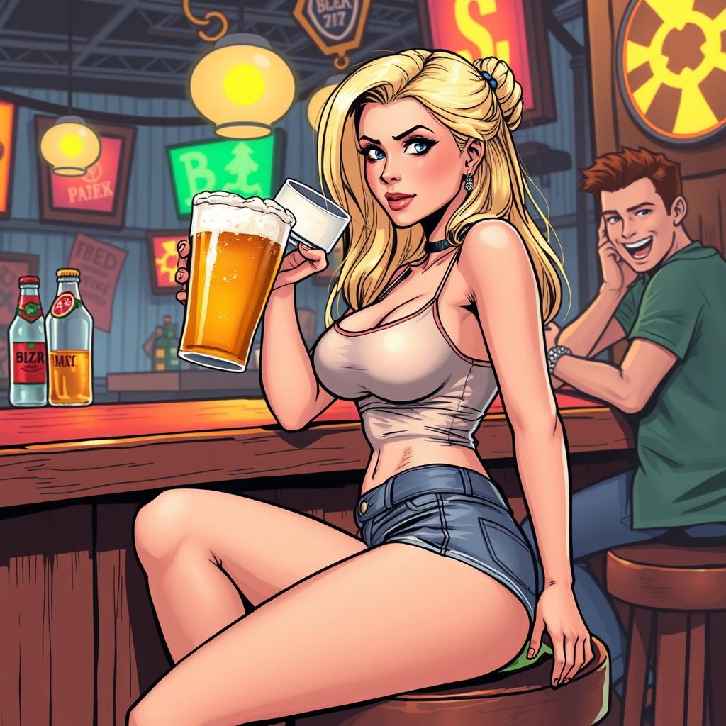 A very realistic comic book style illustration featuring a beautiful, sexy, curvy, innocent blonde girl