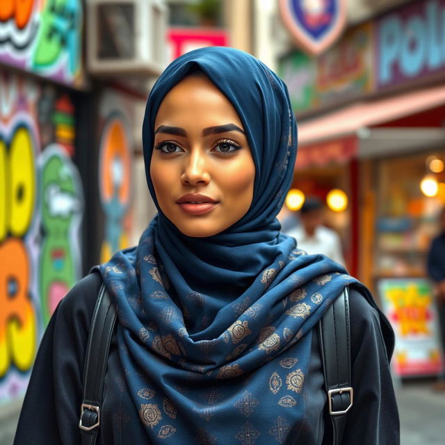 A stunning young woman wearing a stylish hijab, set against a vibrant urban backdrop