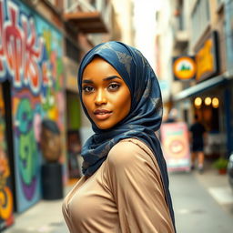 A stunning young woman wearing a stylish hijab, set against a vibrant urban backdrop