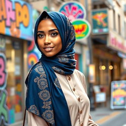 A stunning young woman wearing a stylish hijab, set against a vibrant urban backdrop