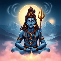 A stylized portrait of Lord Shiva, depicted with a serene expression and traditional attributes including a crescent moon on his head, a snake wrapped around his neck, and a trident in his hand