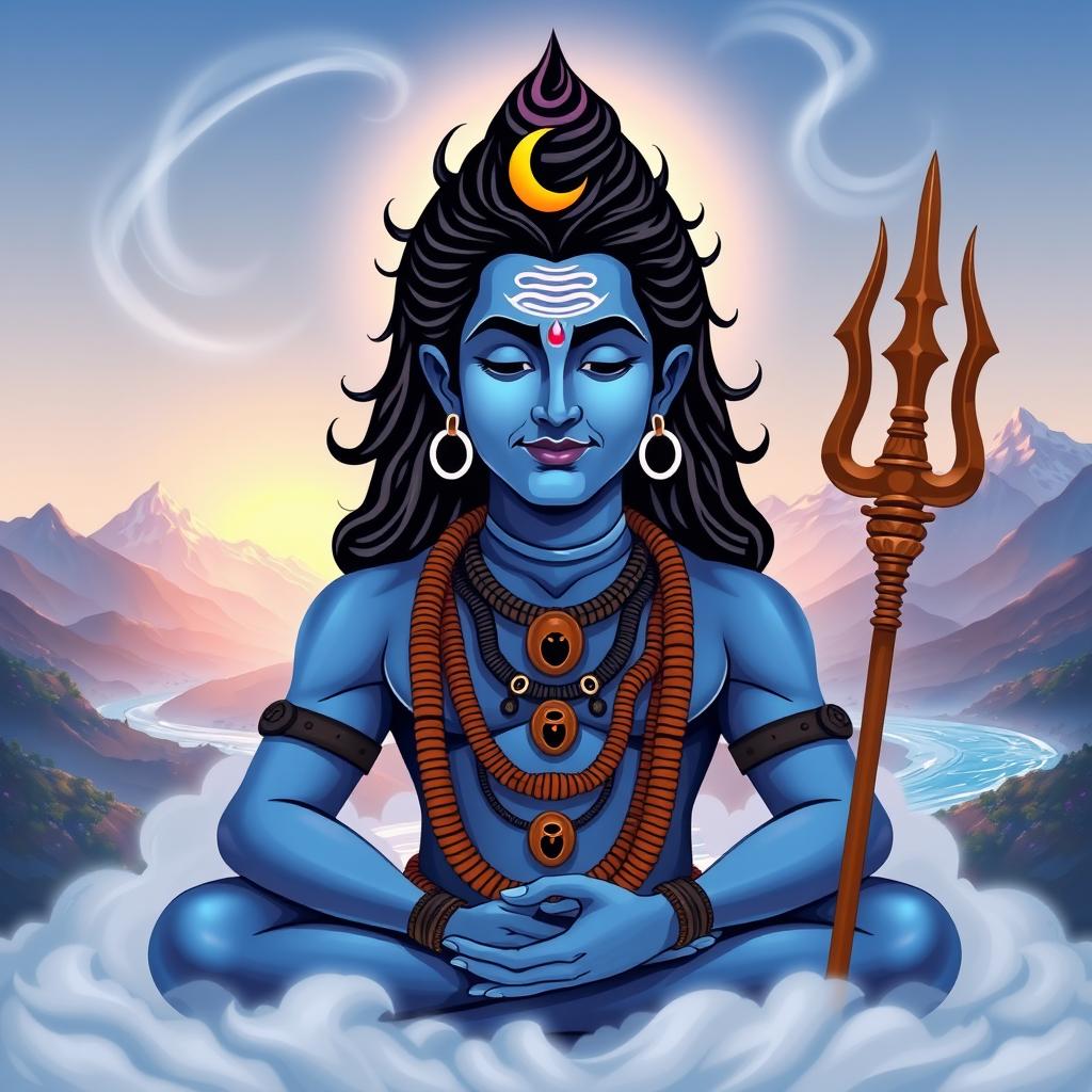 A stylized portrait of Lord Shiva, depicted with a serene expression and traditional attributes including a crescent moon on his head, a snake wrapped around his neck, and a trident in his hand