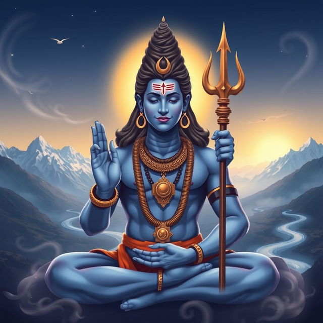 A stylized portrait of Lord Shiva, depicted with a serene expression and traditional attributes including a crescent moon on his head, a snake wrapped around his neck, and a trident in his hand