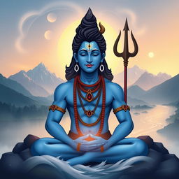 A stylized portrait of Lord Shiva, depicted with a serene expression and traditional attributes including a crescent moon on his head, a snake wrapped around his neck, and a trident in his hand