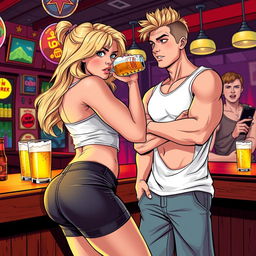 A very realistic comic book style illustration featuring a beautiful, sexy, curvy, innocent blonde girl