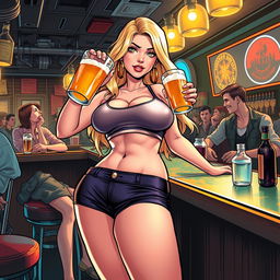 A very realistic comic book style illustration featuring a beautiful, sexy, curvy, innocent blonde girl