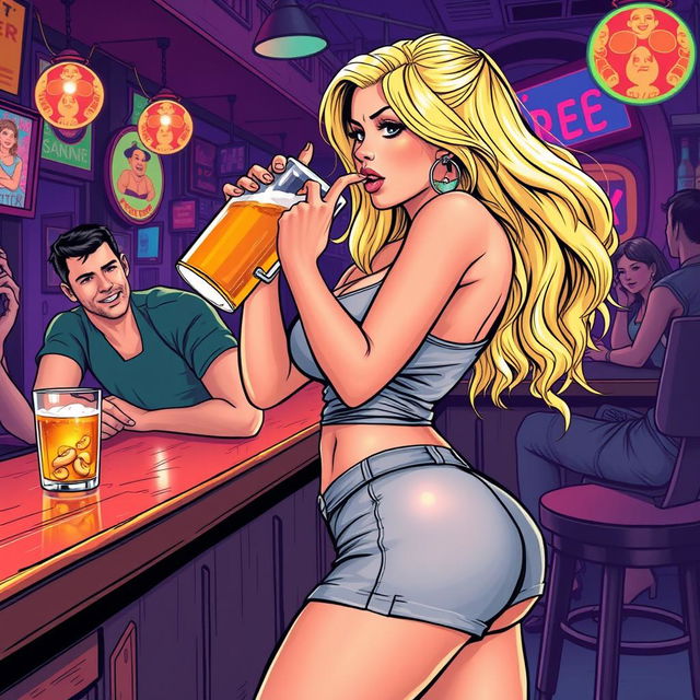 A very realistic comic book style illustration featuring a beautiful, sexy, curvy, innocent blonde girl