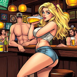 A very realistic comic book style illustration featuring a beautiful, sexy, curvy, innocent blonde girl