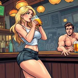 A very realistic comic book style illustration featuring a beautiful, sexy, curvy, innocent blonde girl