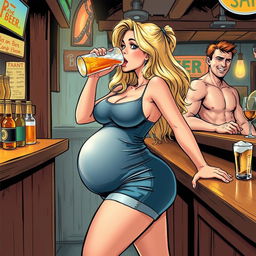 A very realistic comic book style illustration featuring a beautiful, sexy, curvy, innocent blonde girl