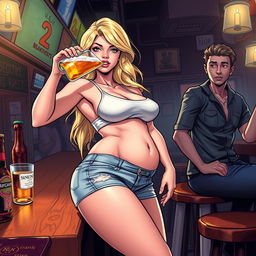 A very realistic comic book style illustration featuring a beautiful, sexy, curvy, innocent blonde girl