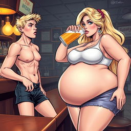 A very realistic comic book style illustration featuring a beautiful, sexy, curvy, innocent blonde girl