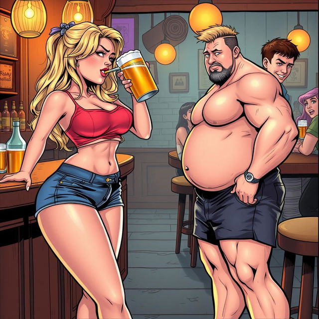 A very realistic comic book style illustration featuring a beautiful, sexy, curvy, innocent blonde girl