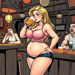 A very realistic comic book style illustration featuring a beautiful, sexy, curvy, innocent blonde girl