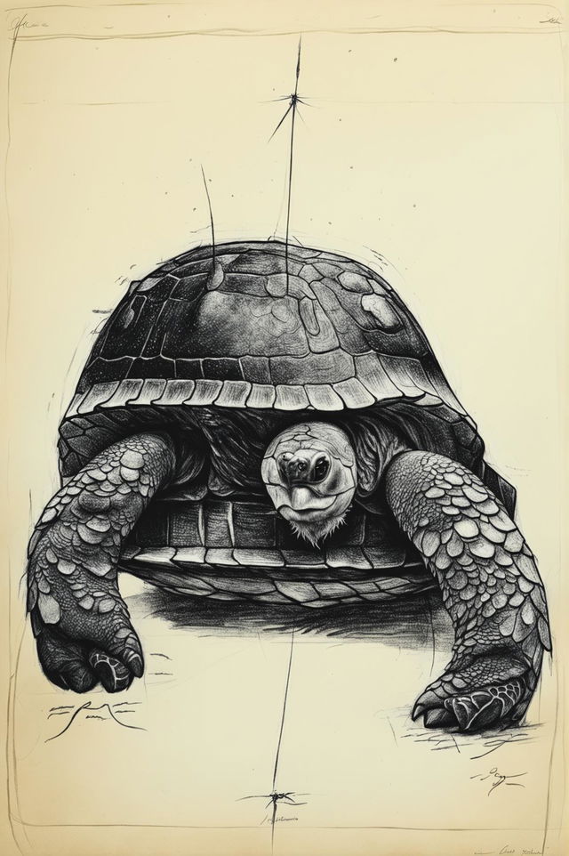 A high-quality, hand-drawn sketch of a turtle in the style of Leonardo da Vinci