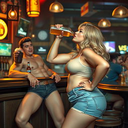 A stunning depiction of a beautiful, sexy, curvy, innocent blonde girl at a bustling bar