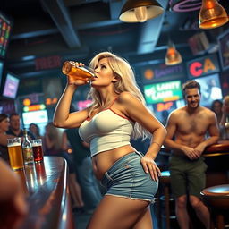 A stunning depiction of a beautiful, sexy, curvy, innocent blonde girl at a bustling bar