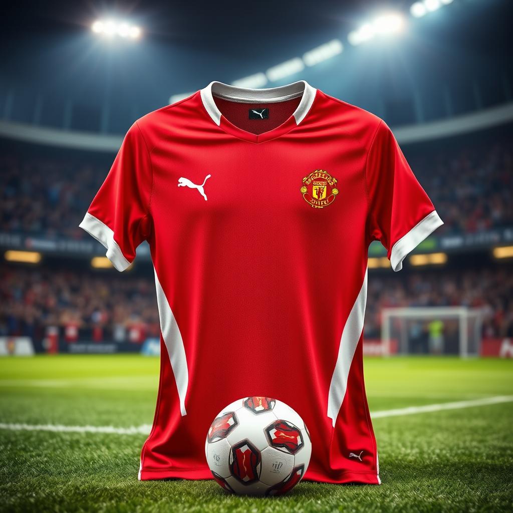 A stylish Puma football jersey in a vibrant red color scheme with white accents