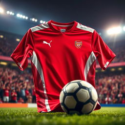A stylish Puma football jersey in a vibrant red color scheme with white accents