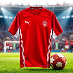 A stylish Puma football jersey in a vibrant red color scheme with white accents