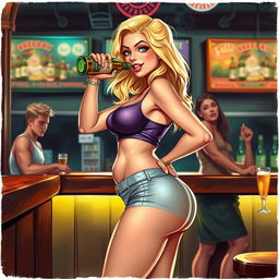 A captivating scene featuring a beautiful, sexy, curvy, innocent blonde girl at a bar