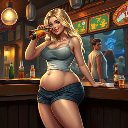 A captivating scene featuring a beautiful, sexy, curvy, innocent blonde girl at a bar