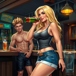 A captivating scene featuring a beautiful, sexy, curvy, innocent blonde girl at a bar