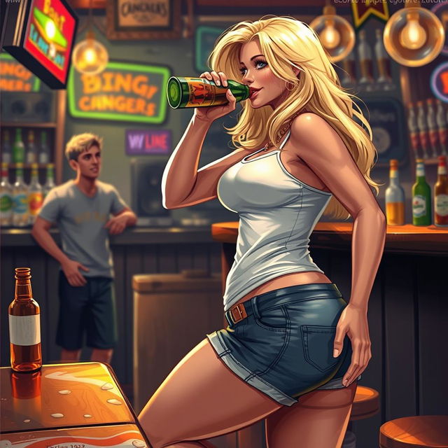 A captivating scene featuring a beautiful, sexy, curvy, innocent blonde girl at a bar