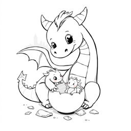 A whimsical black and white illustration of a medieval female dragon watching her baby emerging from an egg