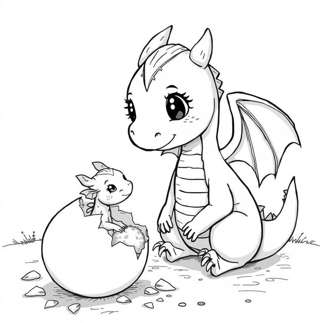 A whimsical black and white illustration of a medieval female dragon watching her baby emerging from an egg