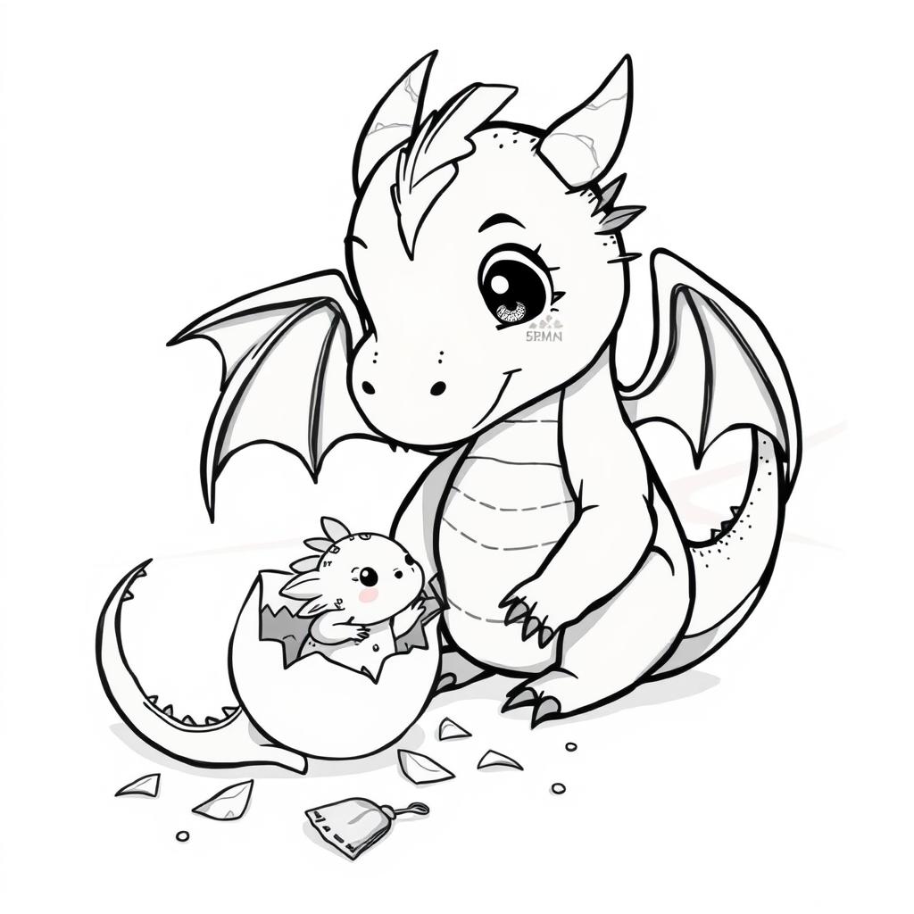 A whimsical black and white illustration of a medieval female dragon watching her baby emerging from an egg