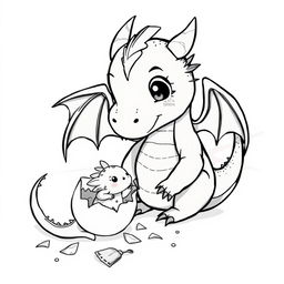A whimsical black and white illustration of a medieval female dragon watching her baby emerging from an egg