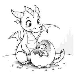 A whimsical black and white illustration of a medieval female dragon watching her baby emerging from an egg