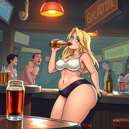 A captivating scene featuring a beautiful, sexy, curvy, innocent blonde girl at a bar