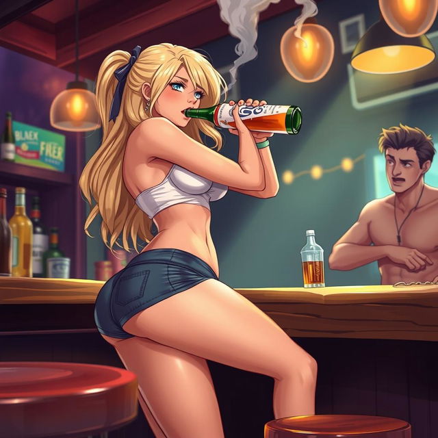 A captivating scene featuring a beautiful, sexy, curvy, innocent blonde girl at a bar