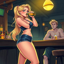A captivating scene featuring a beautiful, sexy, curvy, innocent blonde girl at a bar