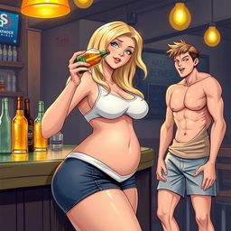 A captivating scene featuring a beautiful, sexy, curvy, innocent blonde girl at a bar