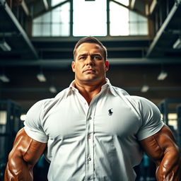 A massive bodybuilder wearing a classic Ralph Lauren oxford shirt, showcasing their muscular physique
