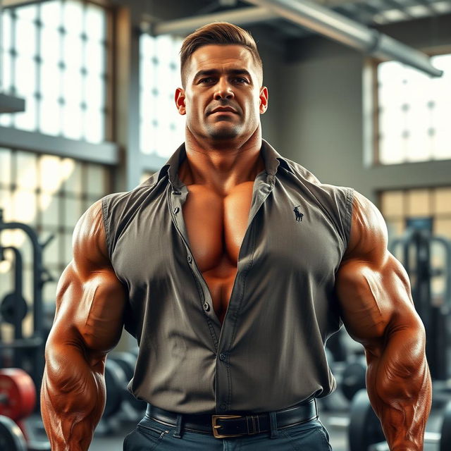 A massive bodybuilder wearing a classic Ralph Lauren oxford shirt, showcasing their muscular physique