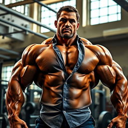 A massive bodybuilder wearing a classic Ralph Lauren oxford shirt, showcasing their muscular physique