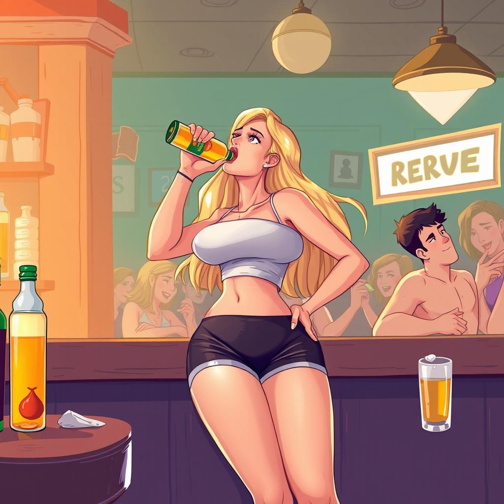 A lively scene featuring a beautiful, sexy, curvy, innocent blonde girl at a bar