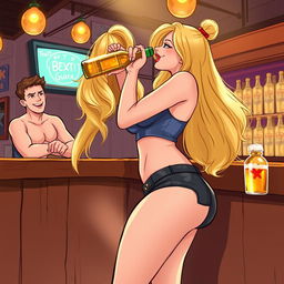A lively scene featuring a beautiful, sexy, curvy, innocent blonde girl at a bar