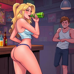 A lively scene featuring a beautiful, sexy, curvy, innocent blonde girl at a bar