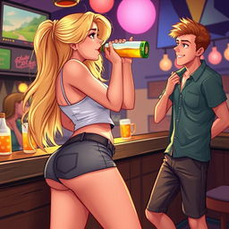 A lively scene featuring a beautiful, sexy, curvy, innocent blonde girl at a bar