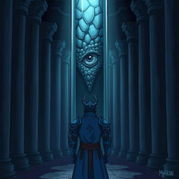 In an anime style, hand-drawn image of a dark room filled with eerie columns