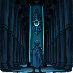 In an anime style, hand-drawn image of a dark room filled with eerie columns